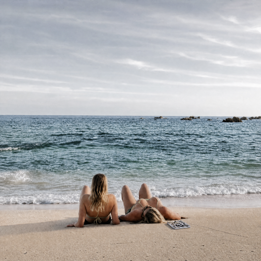 Two women in bikinis relax on a sandy beach with the ocean and cloudy sky in the background.