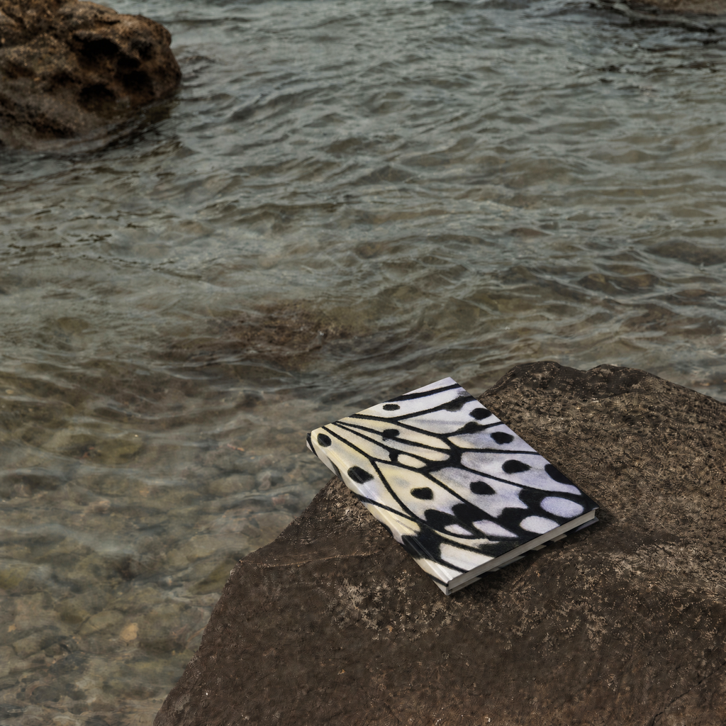 A notebook with a black and white butterfly wing pattern lies on a dark rock next to clear, shallow water.