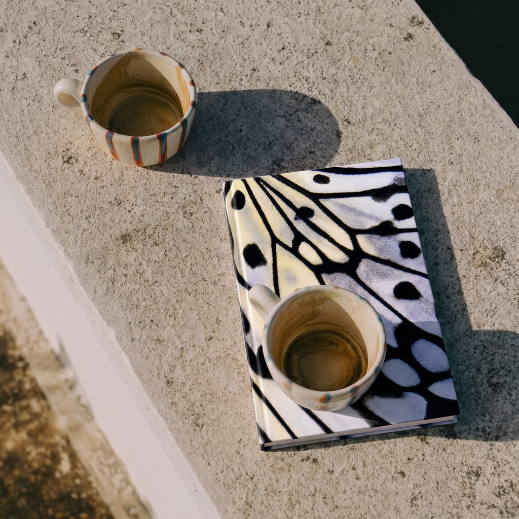A styled flat-lay of a notebook with a black and cream butterfly wing pattern, holding a ceramic coffee cup, with another patterned cup on a concrete surface nearby.