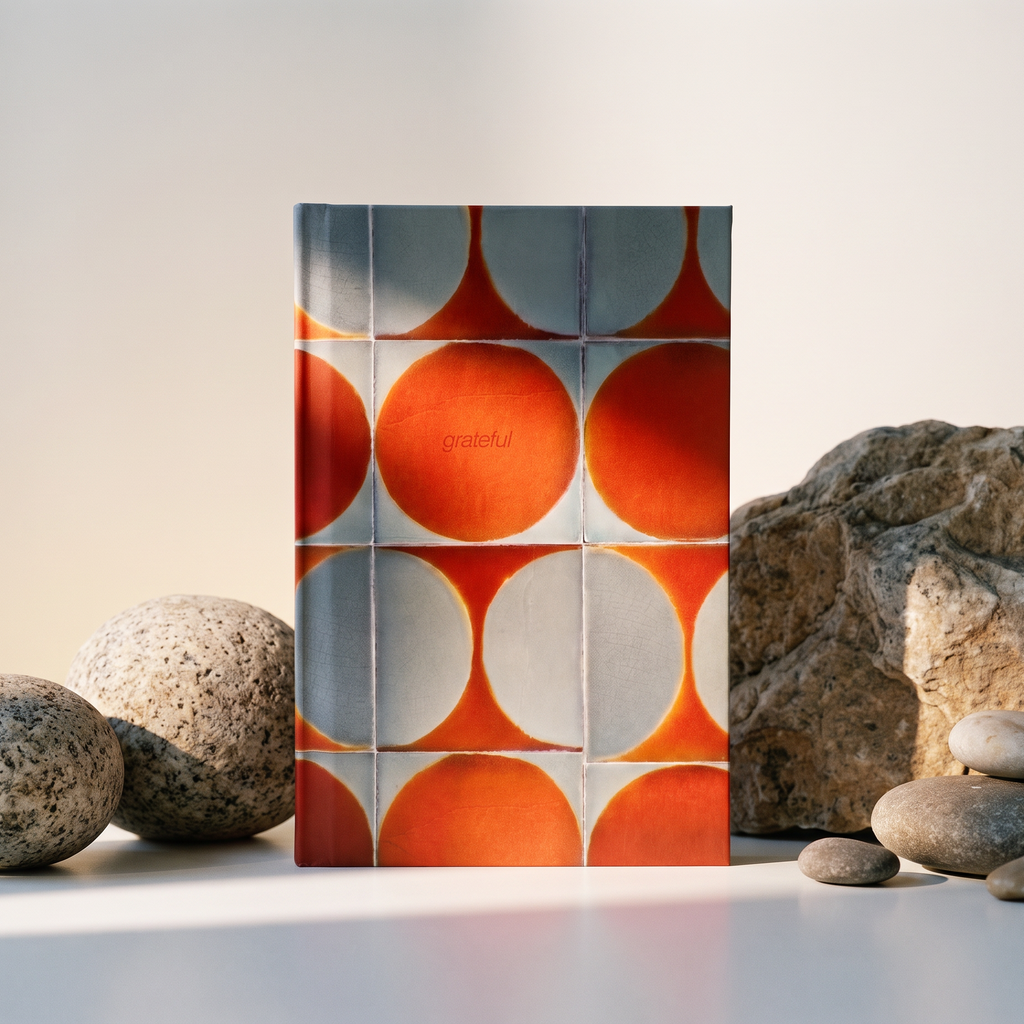 A hardcover notebook with a geometric pattern of orange and gray interlocking circles, standing upright on a white surface and flanked by decorative stones against a warm beige background.