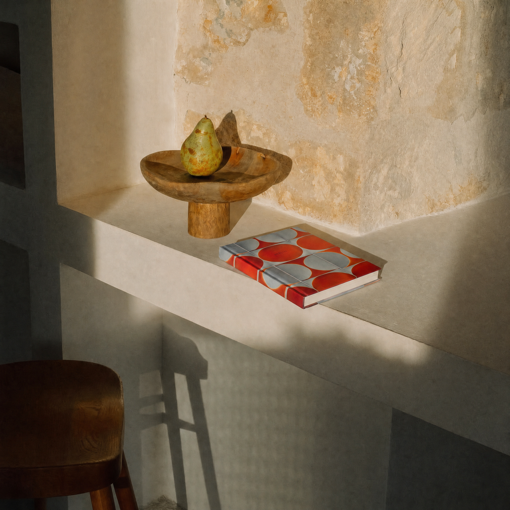 A decorative book with a red, gray, and white geometric patterned cover rests on a stone shelf next to a wooden bowl containing a pear, set against a textured plaster wall with dramatic natural shadows.