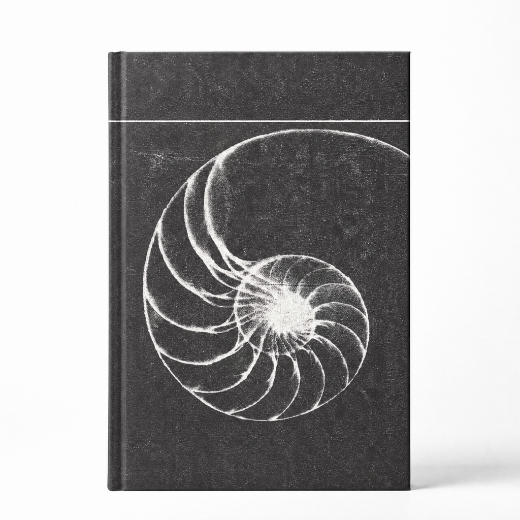 A hardcover notebook with a dark textured cover featuring a white nautilus shell spiral design, shown on a clean white background.
