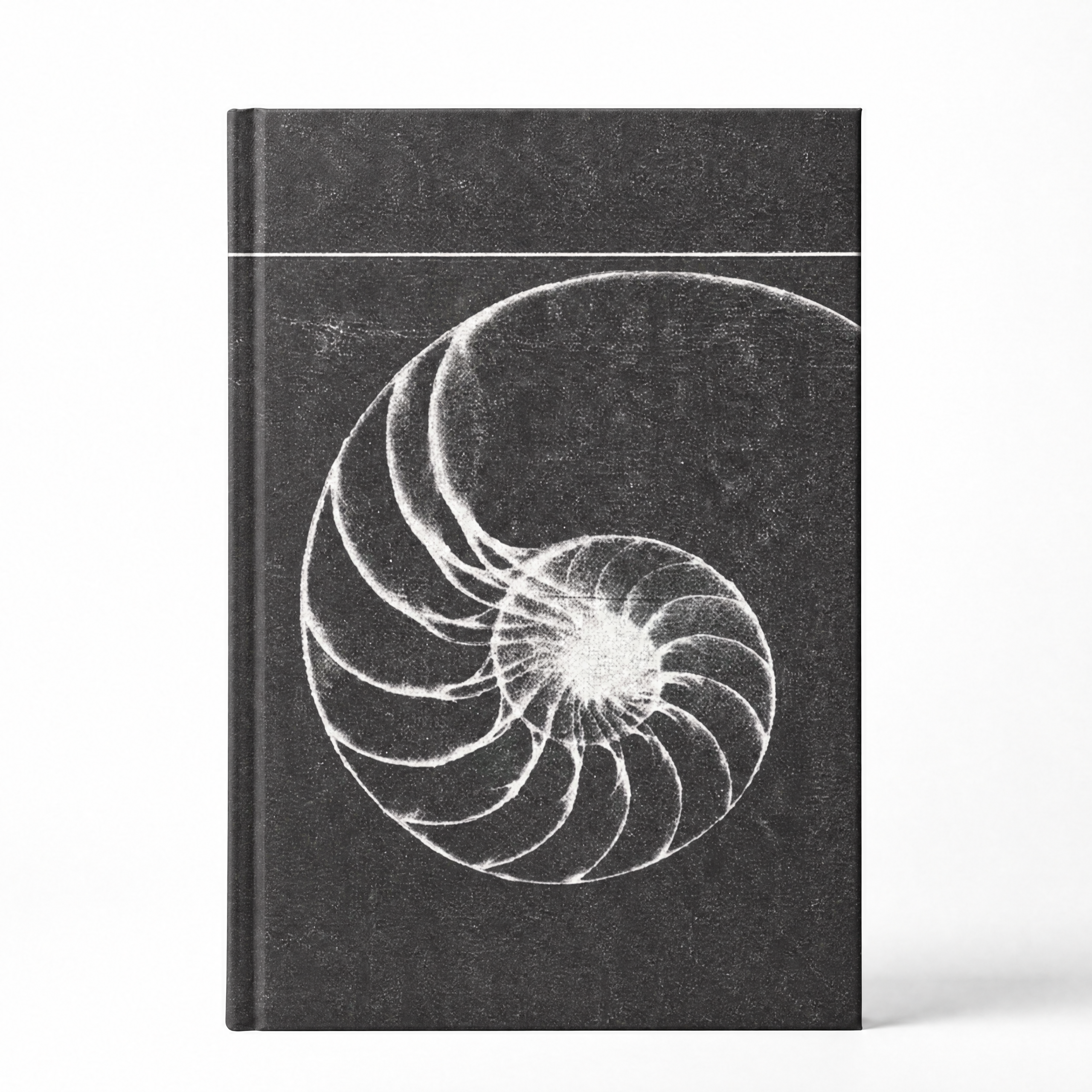 A hardcover notebook with a dark textured cover featuring a white nautilus shell spiral design, shown on a clean white background.