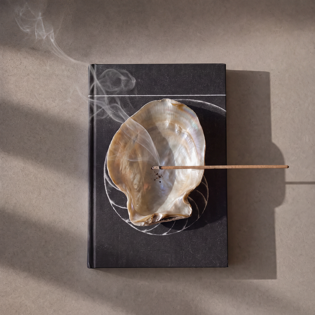 A black hardcover book lies on a beige surface with a large natural shell dish and a smoking incense stick placed on top. Thin white smoke curls upward, and the scene is lit by directional sunlight with soft shadows.