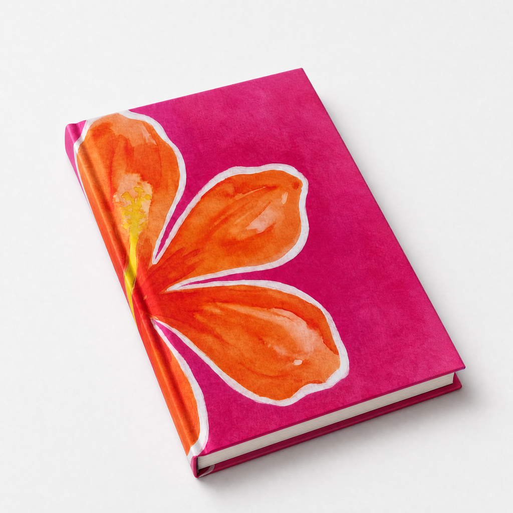 Notebook with a pink cover and orange flower design on a white background