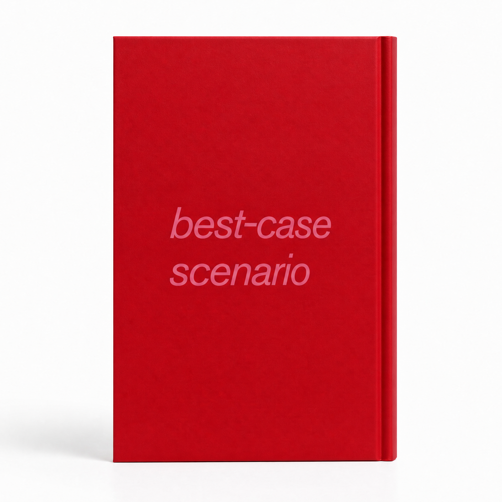 A red hardcover notebook or journal standing upright on a white background, with the words 'best-case scenario' printed in a light pink font on the front cover.