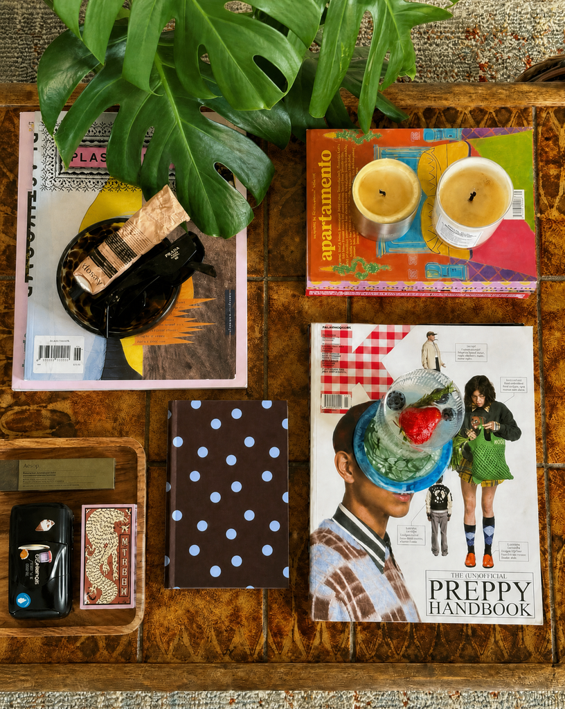 Magazines and a book on a wooden surface with a plant above them