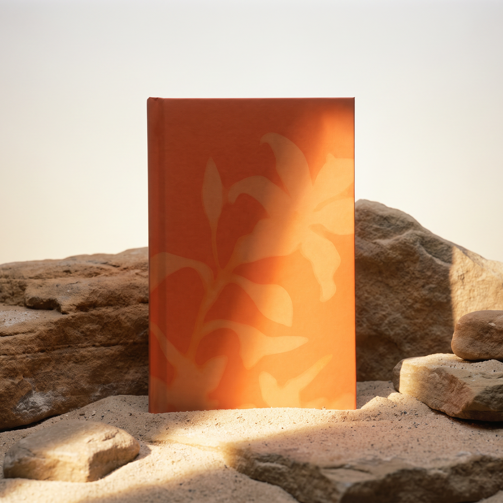 An orange hardcover book or journal with a light beige floral pattern on the front, standing upright on a bed of natural rocks in bright sunlight.