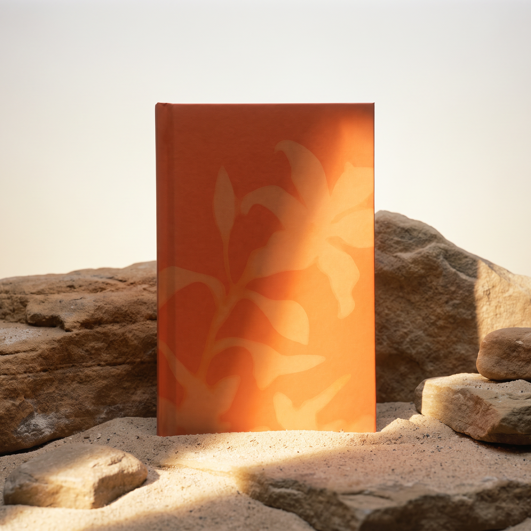 An orange hardcover book or journal with a light beige floral pattern on the front, standing upright on a bed of natural rocks in bright sunlight.