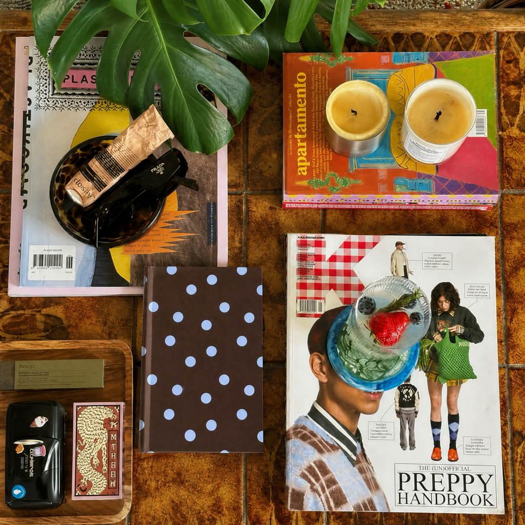 flat lay of a home with a journal on the coffee table 