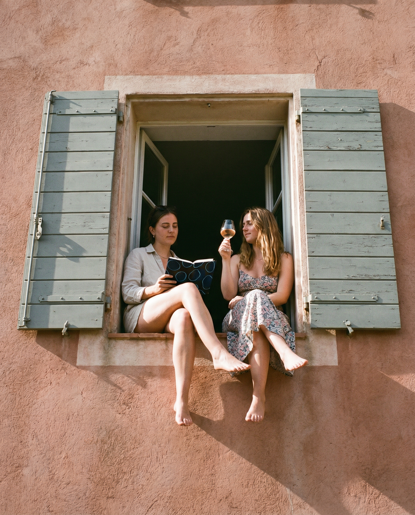 Two women sitting in an open window, one reading a book and the other holding a glass, against a pink wall.
