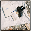 A styled flat-lay of a white notebook with the text 'MY LIFE! A Memoário dos Análisis' and a pen, alongside a small open notebook, a clear bottle, and a black action camera, arranged on a white linen cloth over a bed of pebbles.