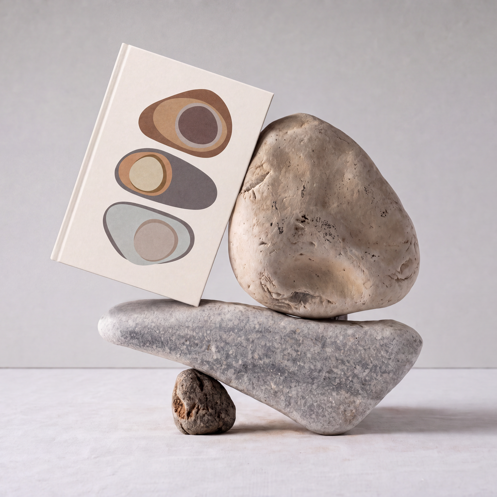 A square art print with minimalist abstract stone illustrations in earthy tones, propped up against a stack of three natural river stones on a light gray surface against a neutral gray background.