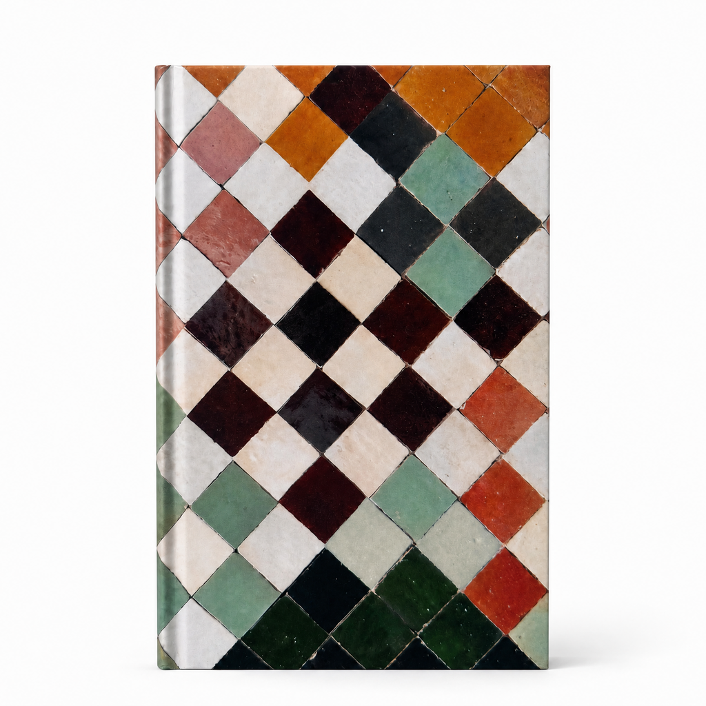 Notebook with a geometric diamond pattern on a white background