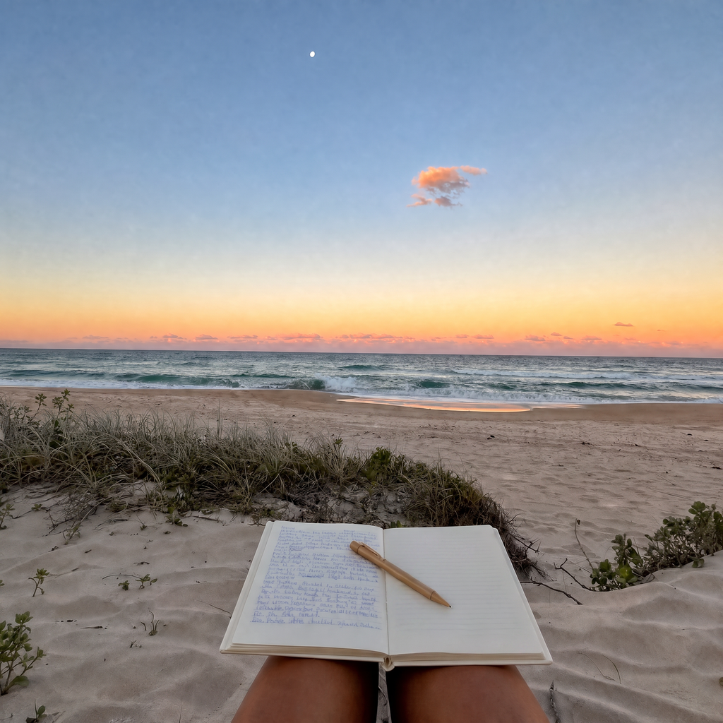 An open notebook with a wooden pen rests on a person's lap on a sandy beach, with the ocean and a sunset sky in the background.