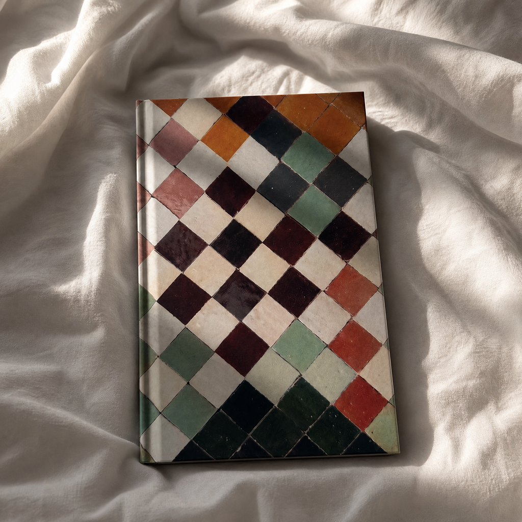 Notebook with a multicolored checkered pattern on a white fabric background