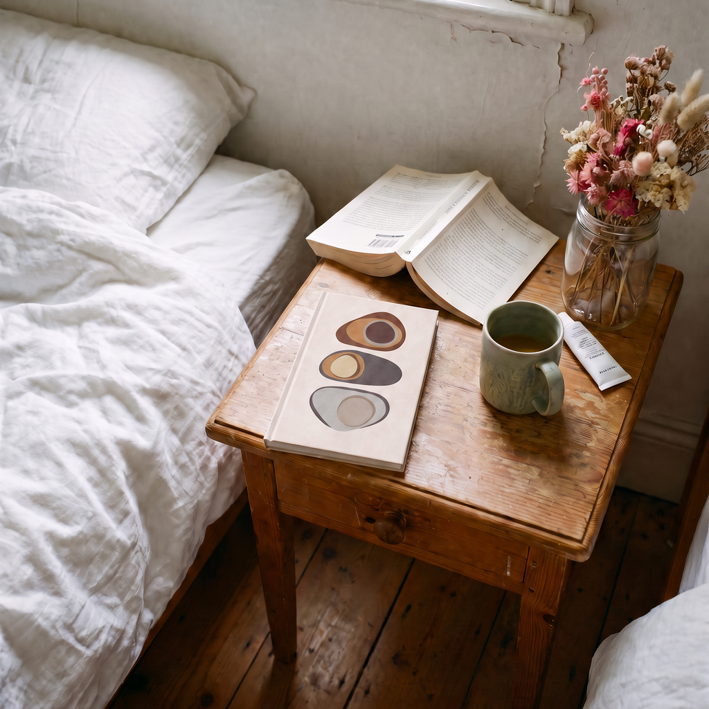 A styled bedroom scene with a wooden bedside table next to a bed with white linens. On the table are an open book, a closed book with abstract oval illustrations on the cover, a green ceramic mug, a small card, and a glass jar holding dried pink and beige flowers.